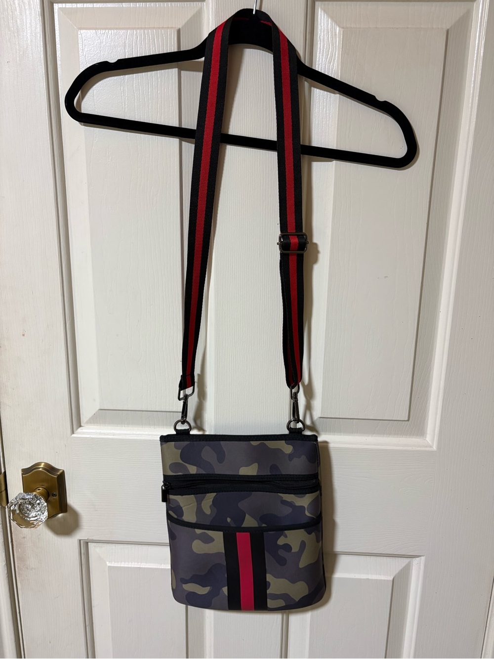 Camo Neoprene crossbody bag with red/black stripes